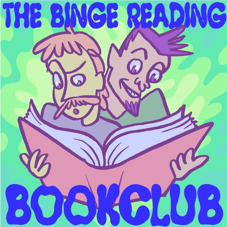 The Binge Reading Book Club podcast cover art: cartoon Hugo and Nick reading a large book